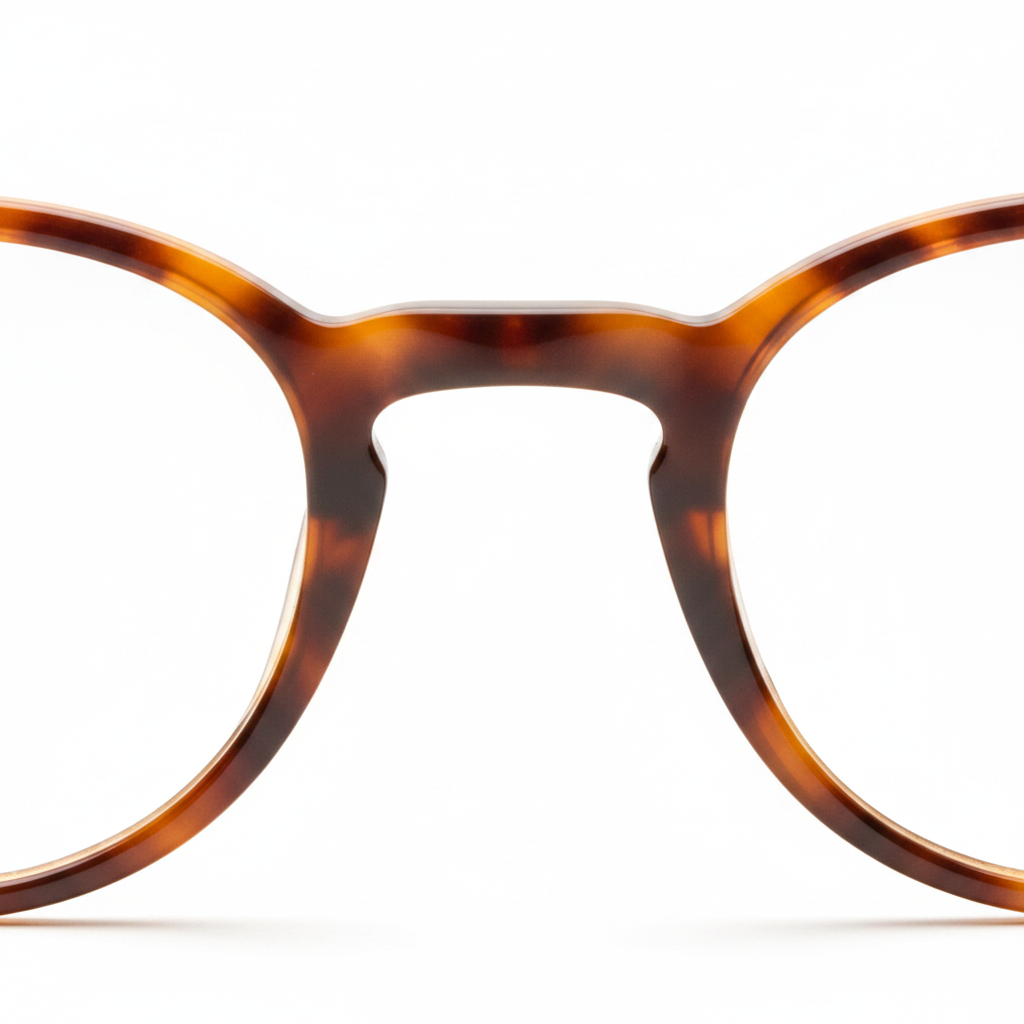 Macro detail of Havana tortoiseshell acetate texture and keyhole bridge on round glasses