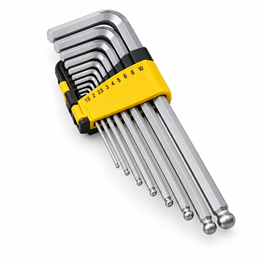 9-piece metric long-arm ball-end hex key Allen wrench set in a compact black and yellow plastic hinged organizer holder on a seamless pure white background