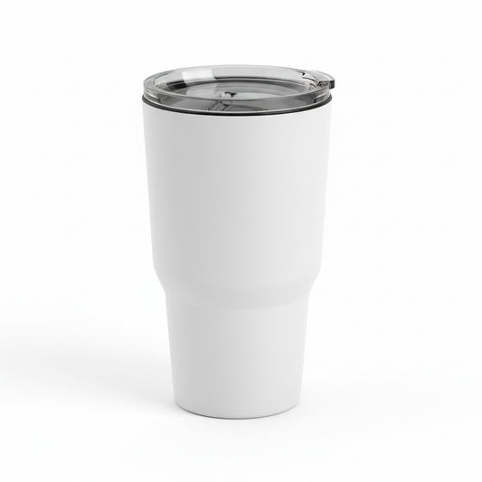 Insulated plastic travel tumbler with clear slider lid on pure white background