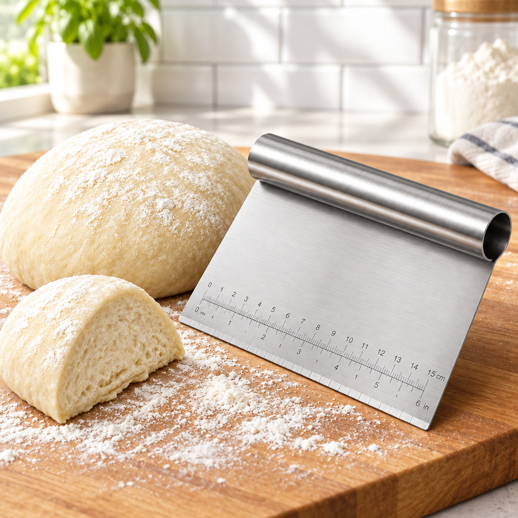 Stainless steel kitchen dough scraper on wooden pastry board with dough and flour on kitchen countertop