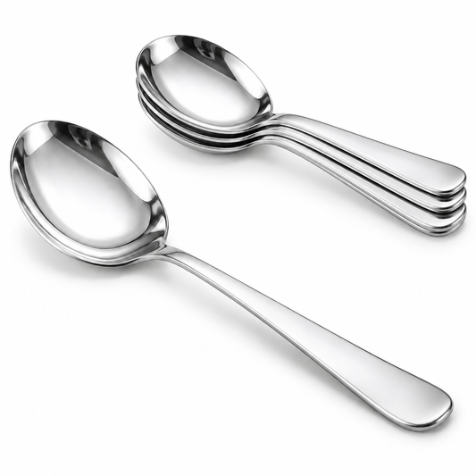 Clean mirror polished stainless steel serving spoon showing large scoop head and handle, alongside nested spoons on a pure white background