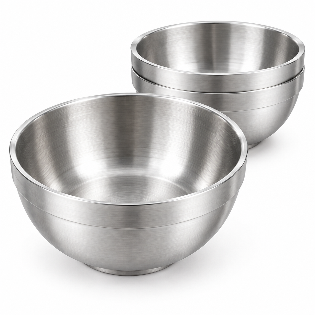 Empty round double-wall stainless steel noodle bowl showing deep interior, flared anti-scald rim, and stackable nested bowls on a pure white background