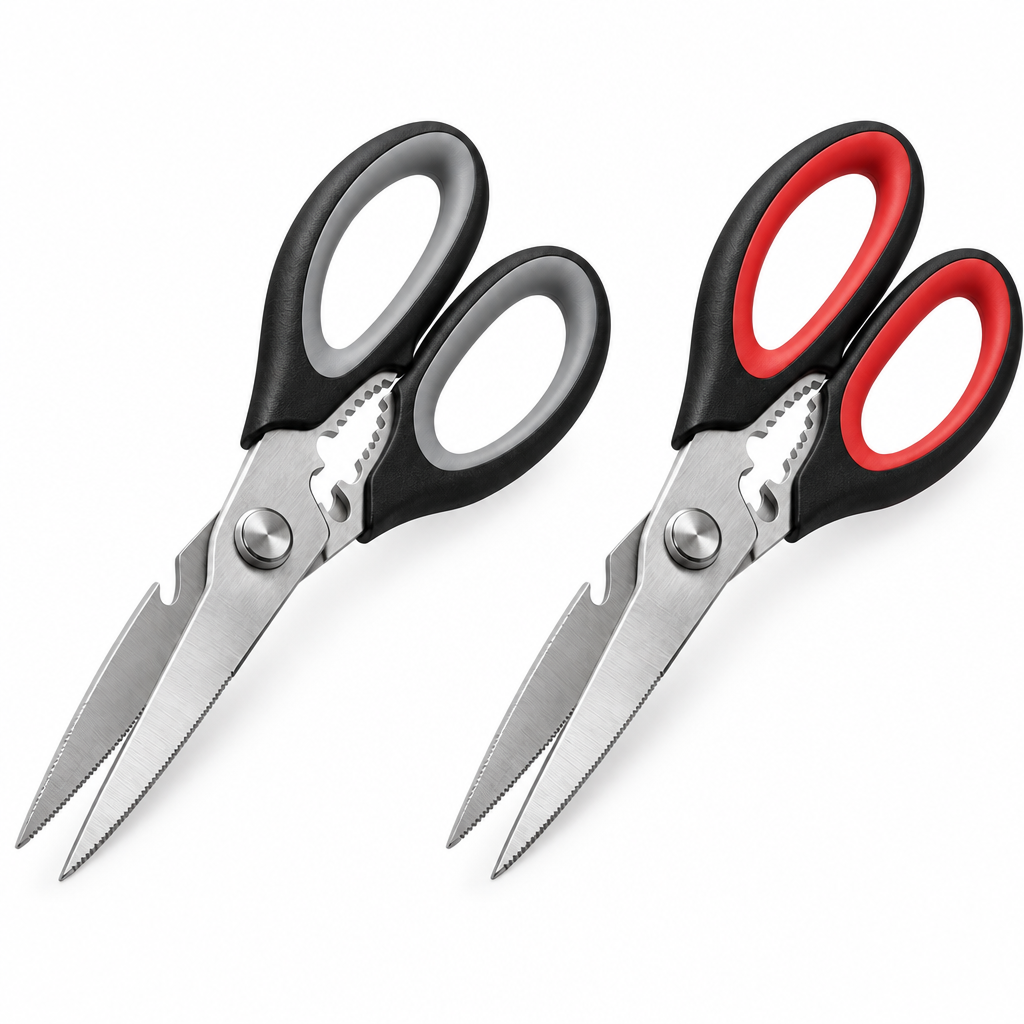 Multipurpose kitchen scissors in black grey and black red handle color options on pure white background