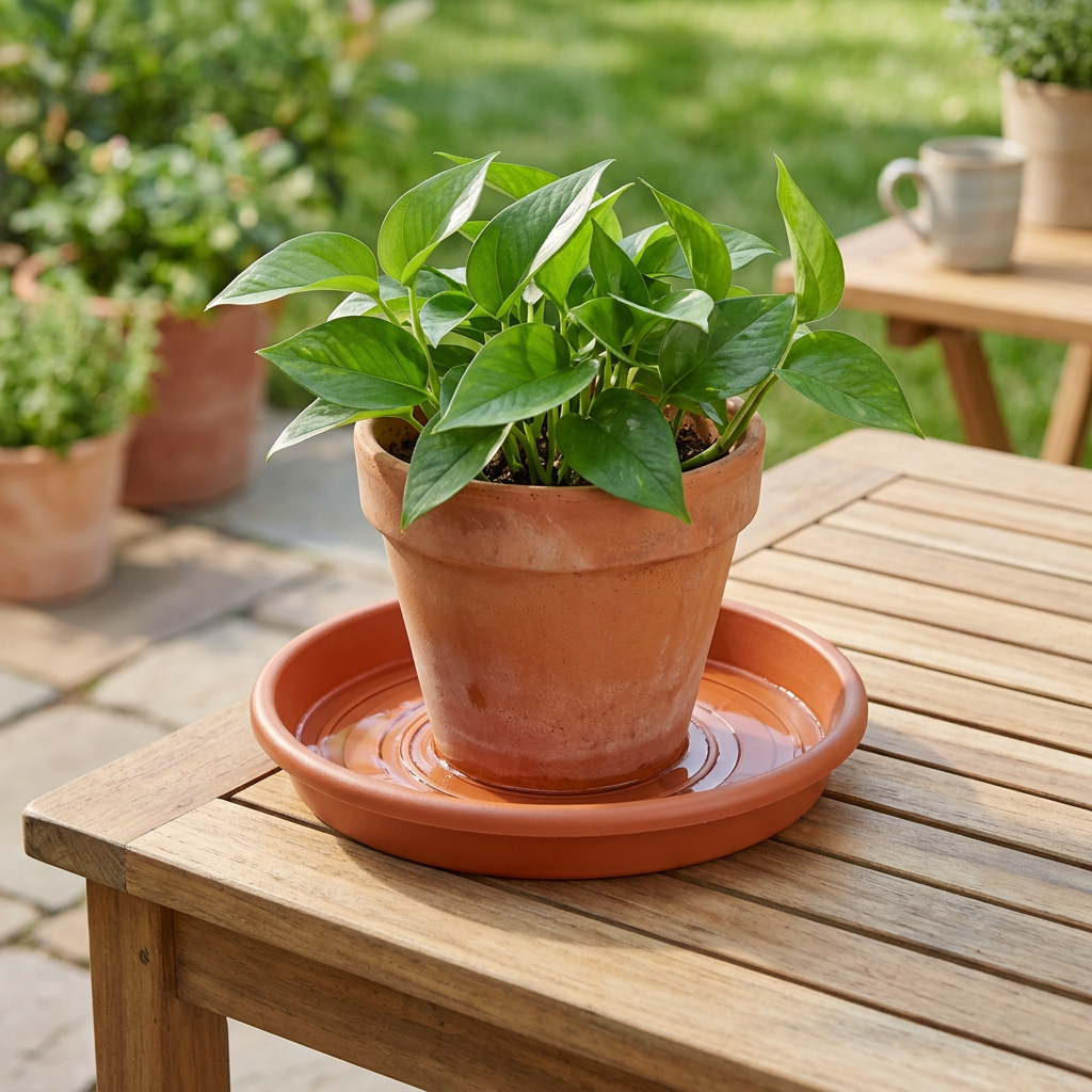 Terracotta plastic plant saucer placed beneath a clay flowerpot collecting drainage water on a wooden garden table in daylight