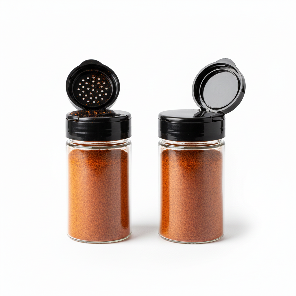 Spice storage containers showing sprinkle and pour dual-flip lid options on pure white background