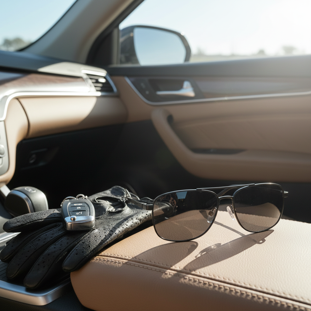 Polarized driving glasses on tan leather car console beside gloves and keys in daylight