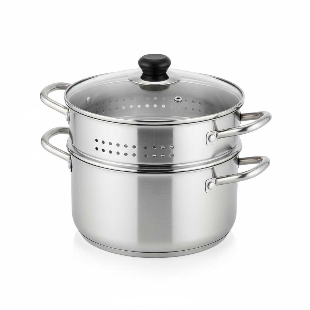 Fully assembled 2-tier stainless steel steamer pot set with transparent tempered glass lid and side loop handles on a white background.