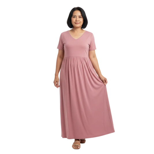 Front view of V-neck empire waist maxi dress on white background