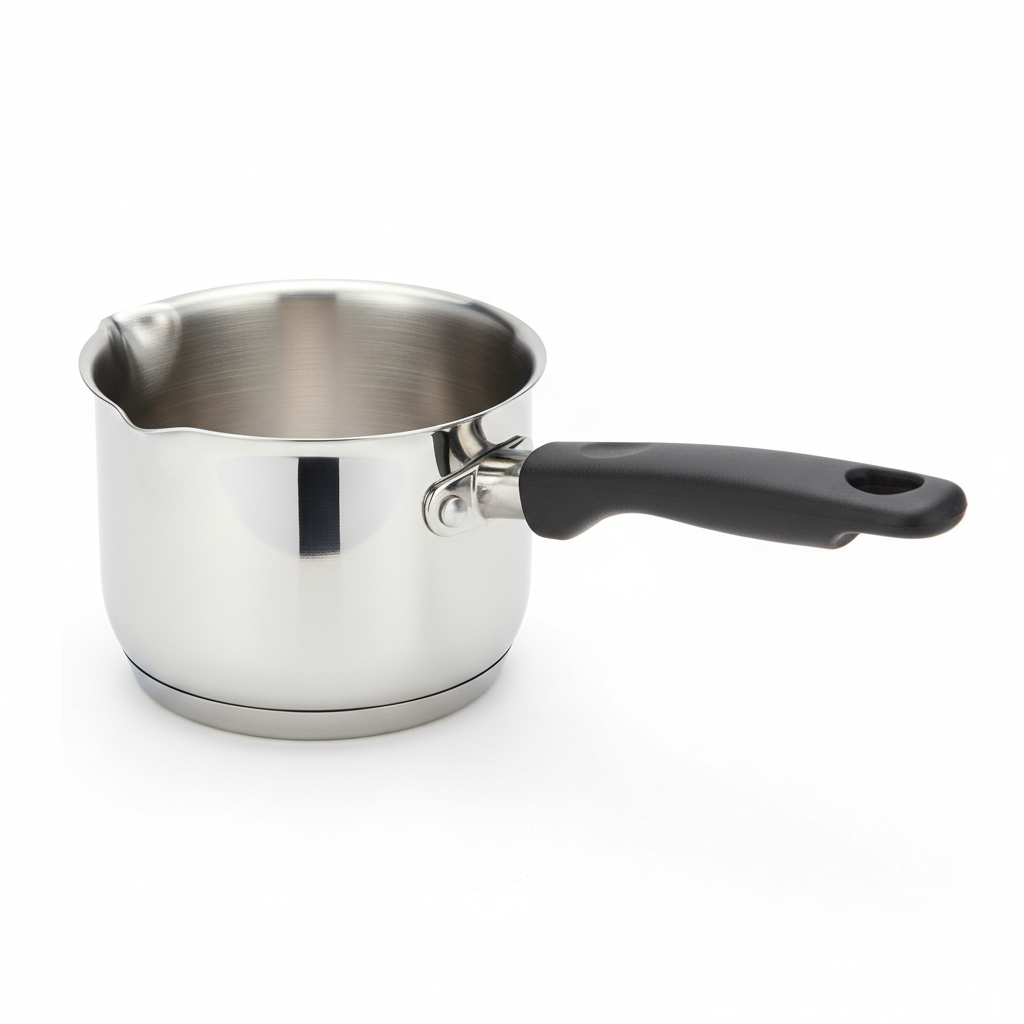 Stainless steel milk pot with integrated pouring spout and long handle on pure white background