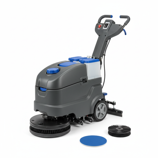 Compact walk-behind hotel floor scrubber and polisher with integrated tanks, connected handle, scrub brush, rear squeegee and polishing pad on white background