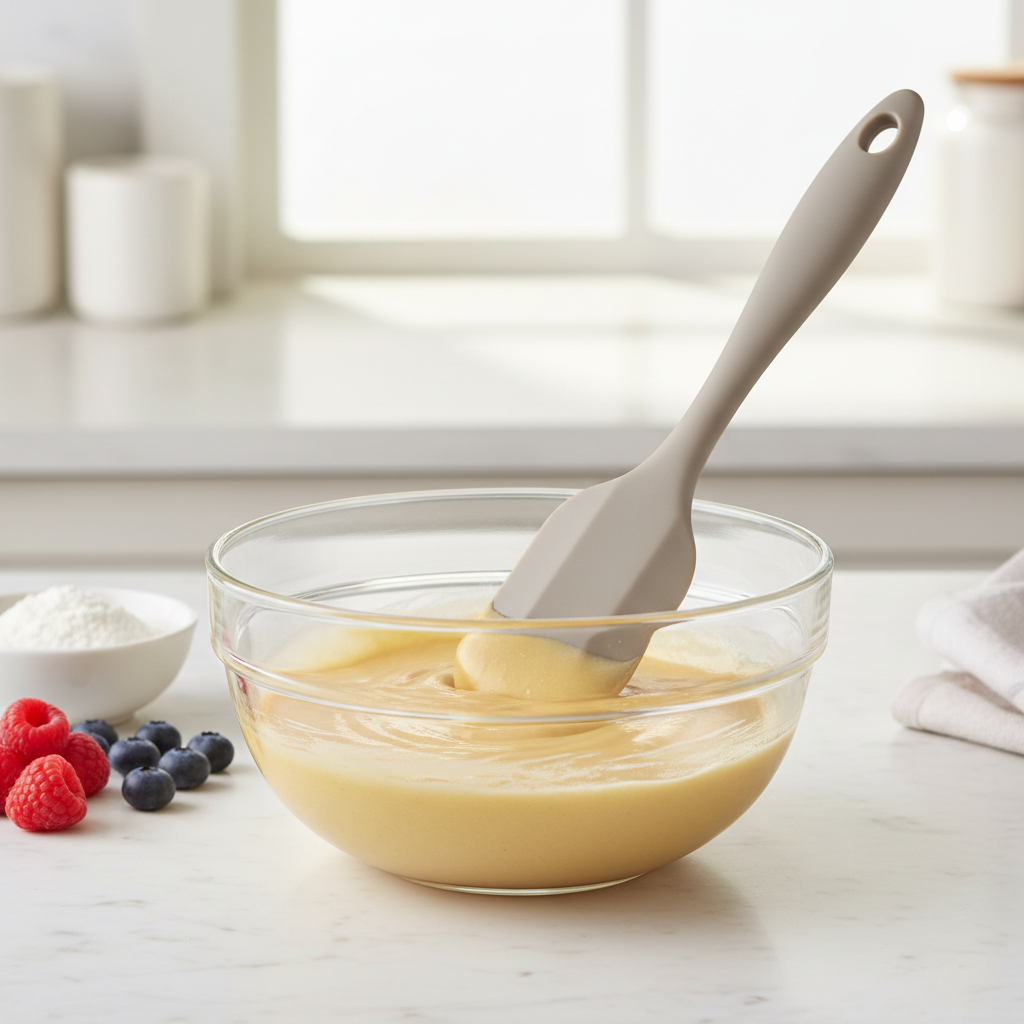 Silicone spatula scraping batter inside a glass mixing bowl in a bright kitchen