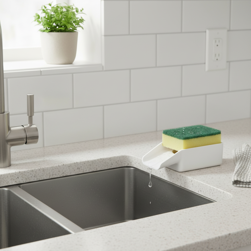 Kitchen sponge holder beside sink with water draining directly into basin