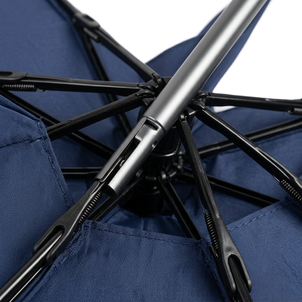 Detail close-up of promotional umbrella showing reinforced black fiberglass ribs, steel shaft, and 190T canopy weave on white background