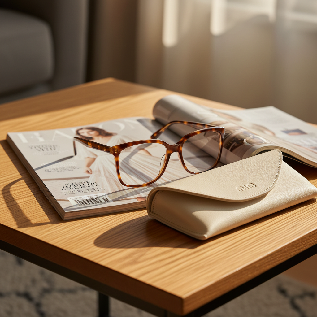 Women's oversized reading glasses on fashion magazine beside cream glasses pouch on wooden table