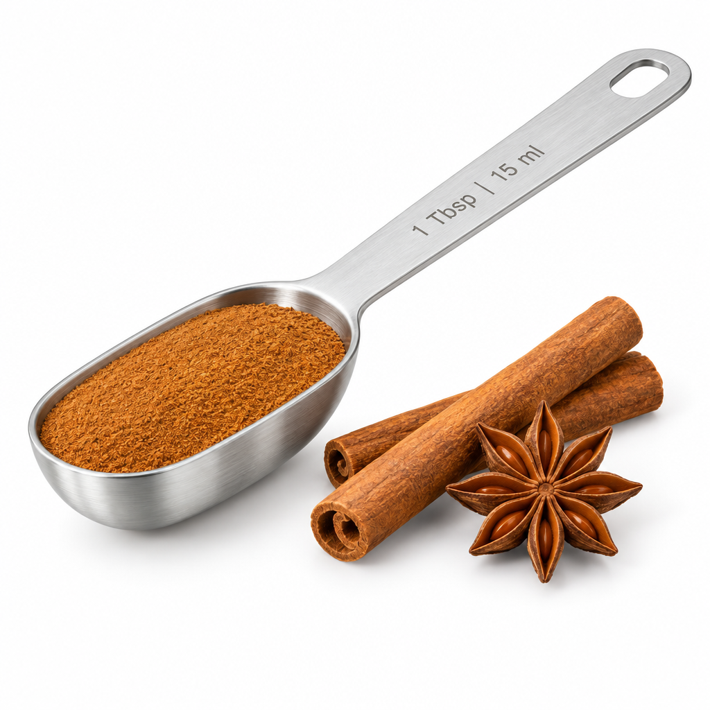 Single stainless steel measuring spoon holding ground cinnamon beside cinnamon sticks on pure white background