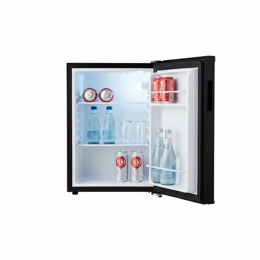 Hotel mini refrigerator with compact 35L design in matte black on white background