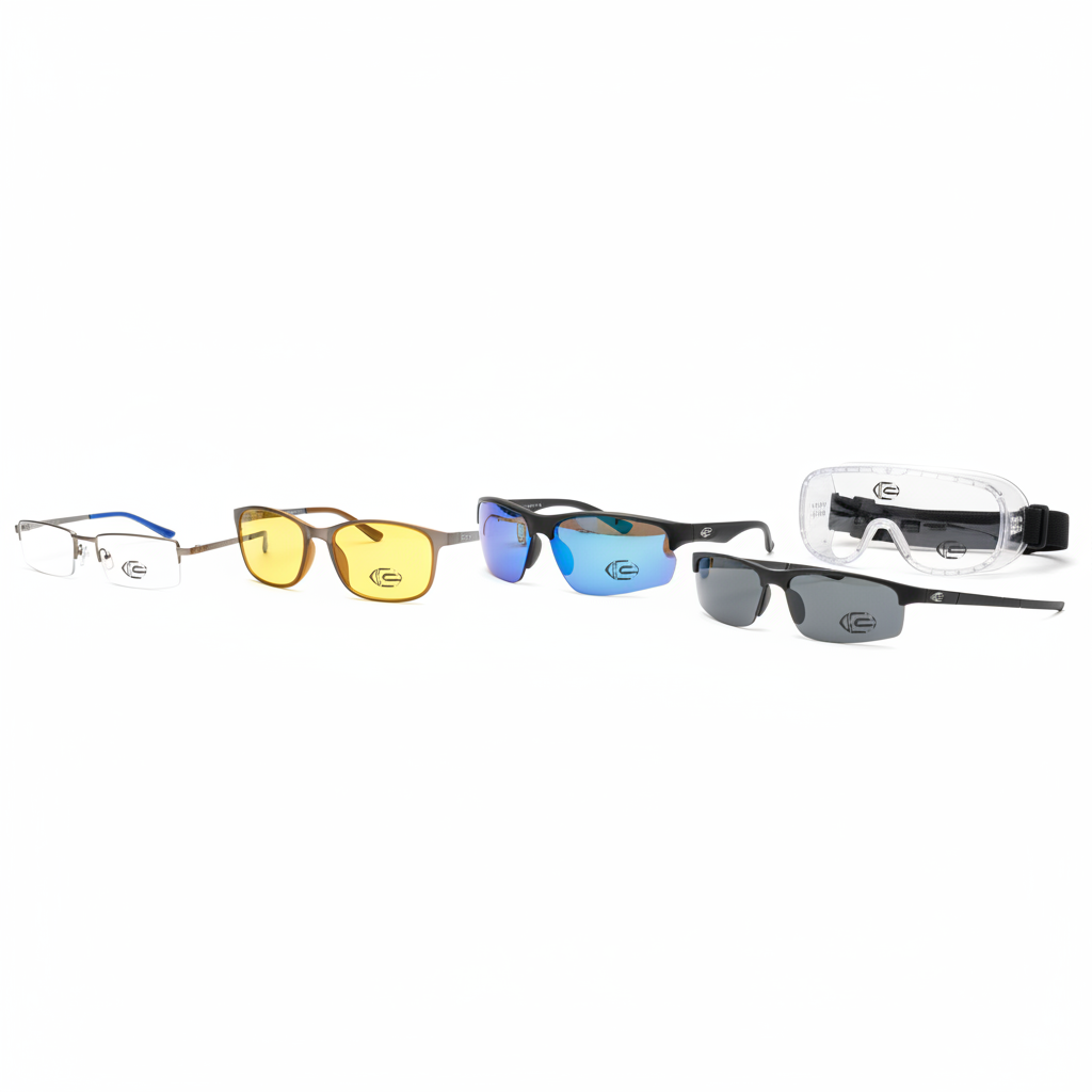Custom logo functional eyewear collection featuring 5 distinct styles on white background