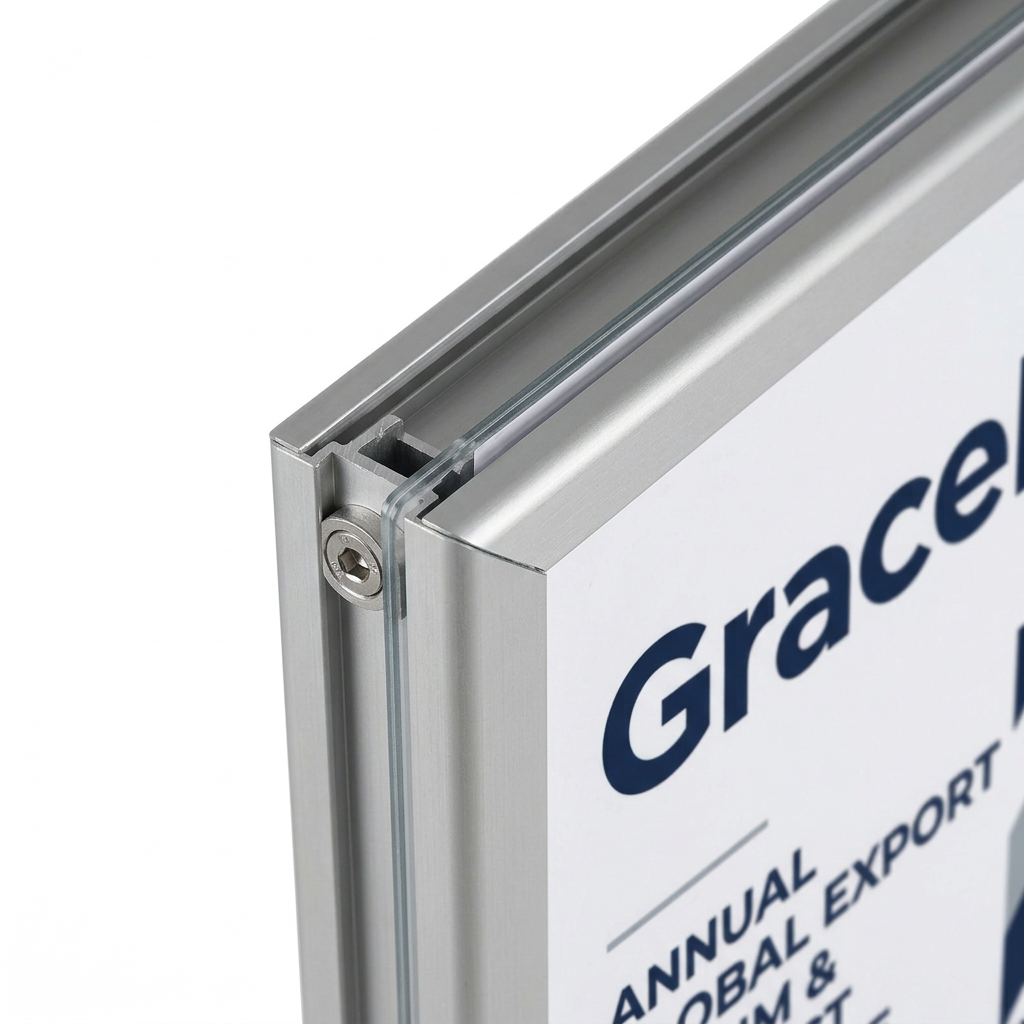 Detail close-up of poster stand showing top slide-in poster slot and dual aluminum upright connections on white background