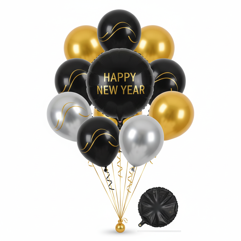 Black, gold and silver round foil balloon bouquet with a large center balloon displaying clear Happy New Year lettering on white background