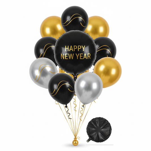 Black, gold and silver round foil balloon bouquet with a large center balloon displaying clear Happy New Year lettering on white background
