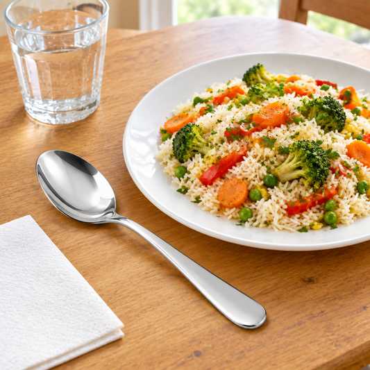 Single stainless steel table spoon beside a plate of everyday meal on a wooden dining table