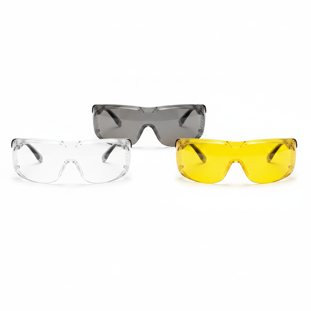 Assorted lens tint options of OTG safety glasses on white background