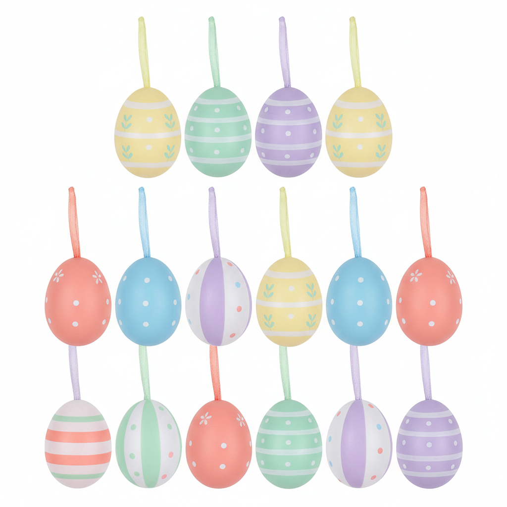Assorted pastel Easter egg decorations with attached hanging loops in striped, dotted and leaf-pattern designs on a white background.