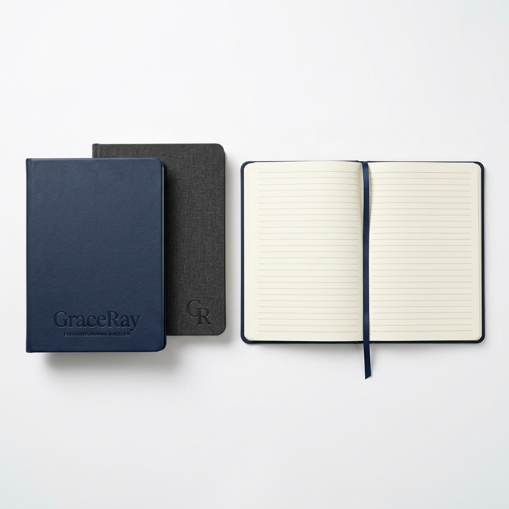 Custom hardcover business notebooks with professional covers and organized inner pages.