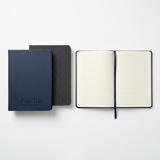 Custom hardcover business notebooks with professional covers and organized inner pages.