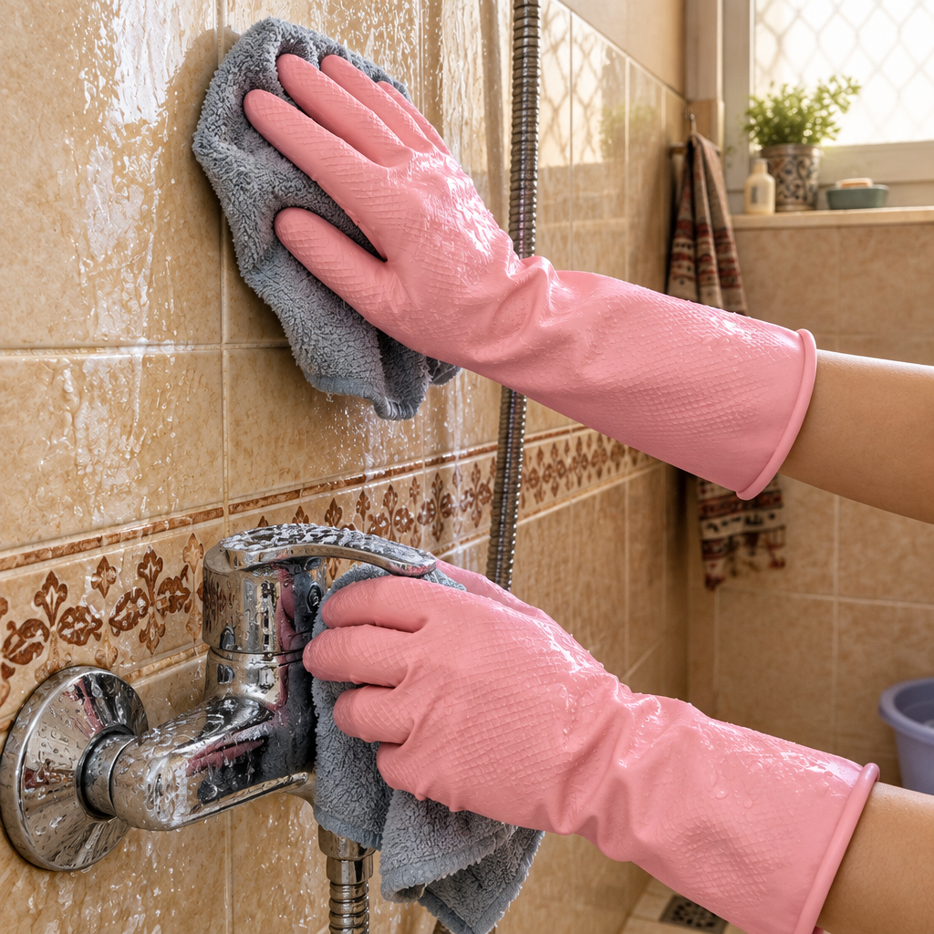 Hands wearing pink reusable cleaning gloves wiping bathroom wall tiles and faucet in an Iraq home