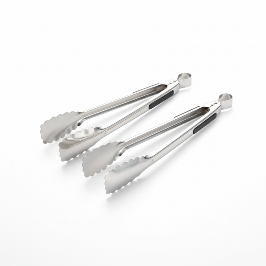 Two pairs of mirror-polished 18/10 stainless steel spring-loaded hotel buffet food tongs 25cm with scalloped flat grip end and coil spring hinge laid flat side by side on white background, commercial hospitality restaurant buffet catering standard tongs