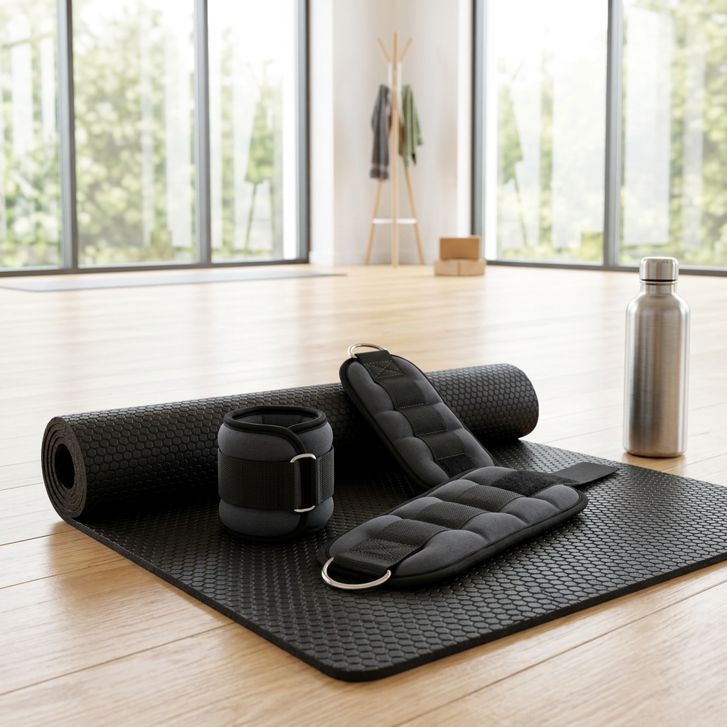 Wearable ankle and wrist weights resting on a gym workout mat