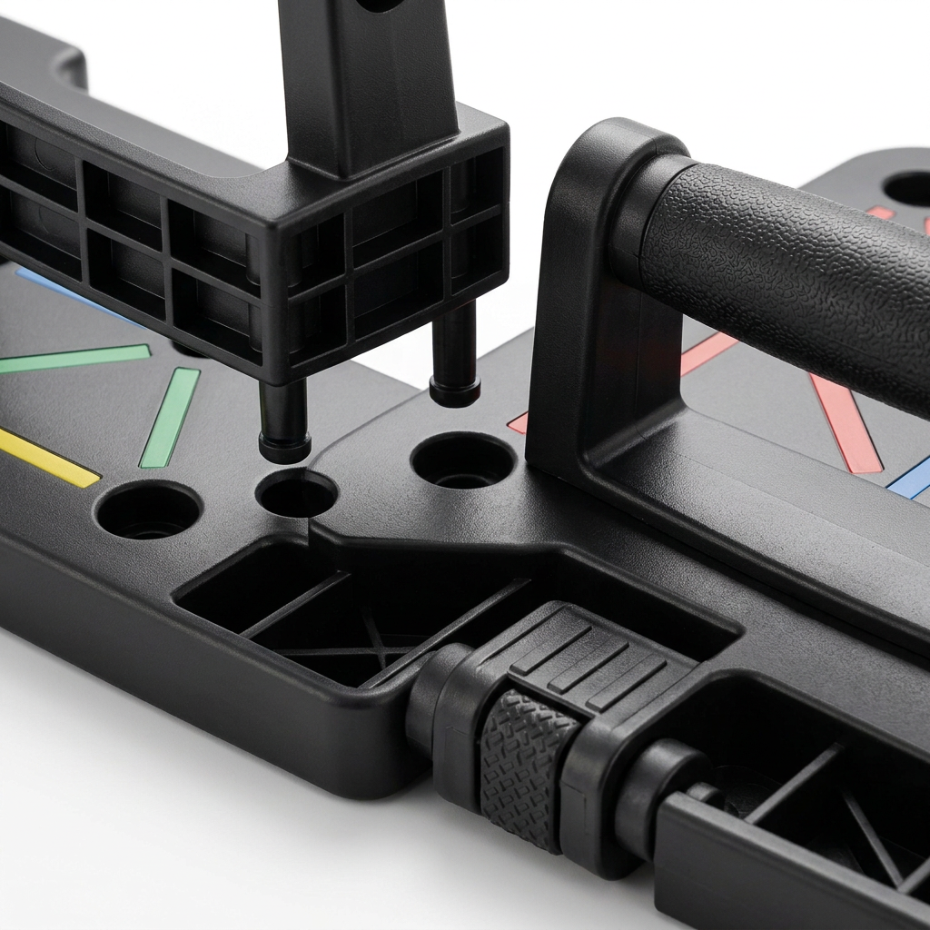 Detail close-up of push-up board handle socket interface, folding hinge, and ABS structure on white background
