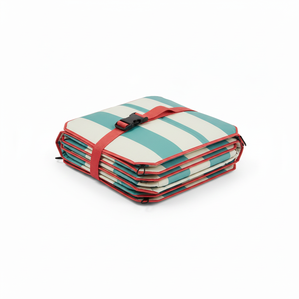 Aqua-blue and cream striped beach mat folded into a compact bundle and secured with a coral-red adjustable carrying strap and black buckle.