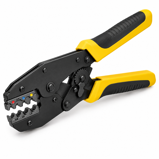 Heavy-duty ratcheting cable crimping tool with black oxide steel frame, multi-size terminal dies, and yellow-black ergonomic handles on a seamless pure white background