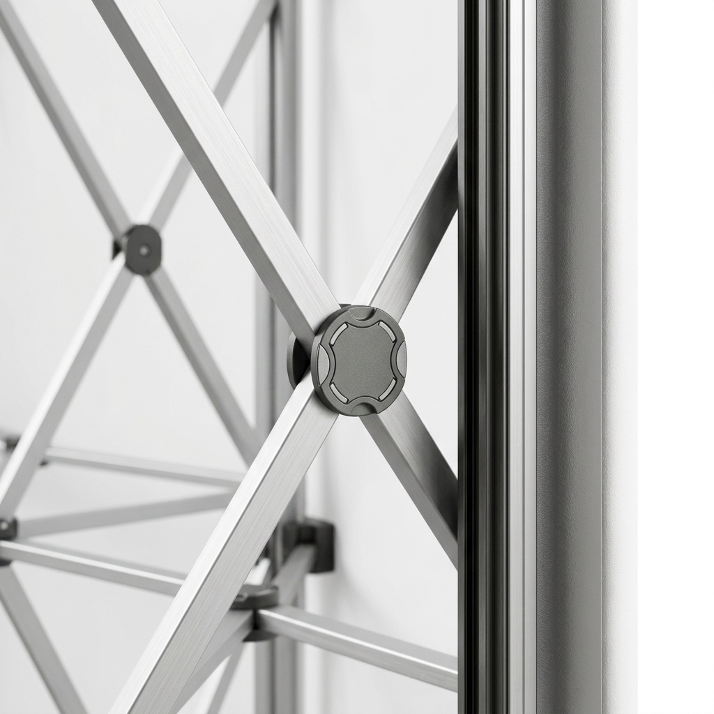 Detail close-up of pop up display wall showing aluminum scissor truss lattice and magnetic channel bars on white background