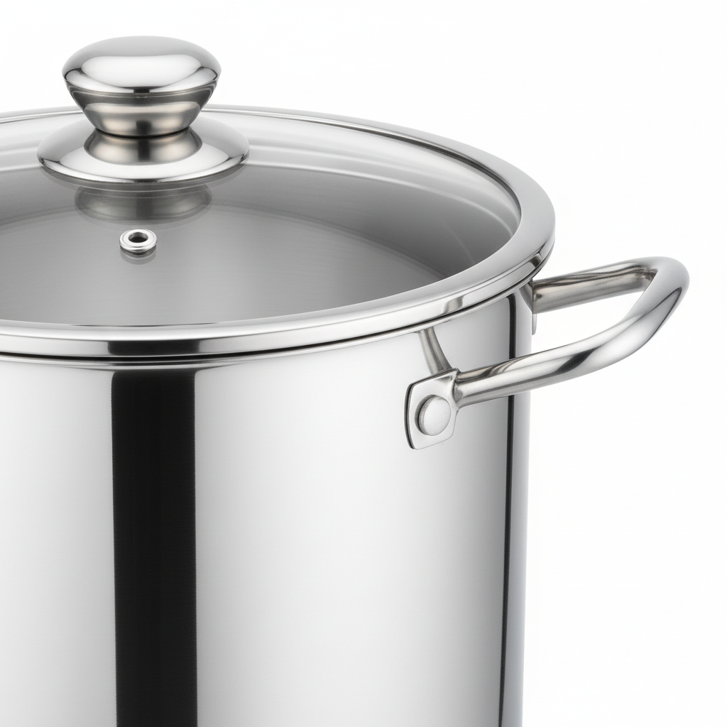 Close-up macro detail of polished stainless steel rim, riveted loop handle, and glass lid knob