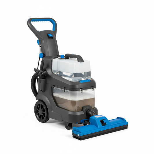 Compact commercial hotel carpet cleaning machine with extraction nozzle, dual tanks, connected handle and upholstery tool on white background