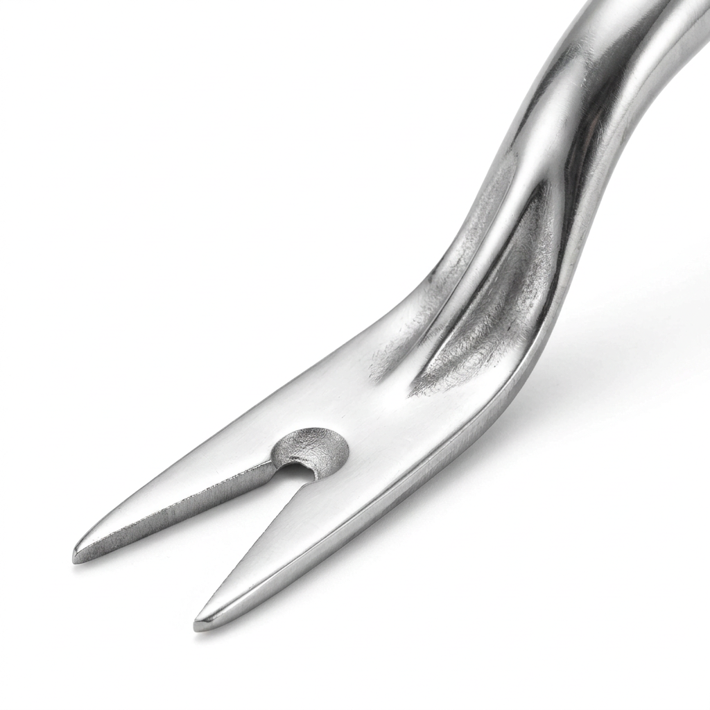Macro close-up detail of hand weeder sharp notched V-shaped forked tip and curved leverage fulcrum neck on pure white background