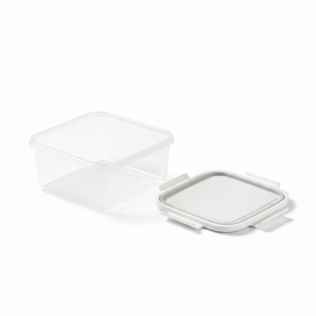Rectangular food storage box open with snap lid resting flat beside it on pure white background