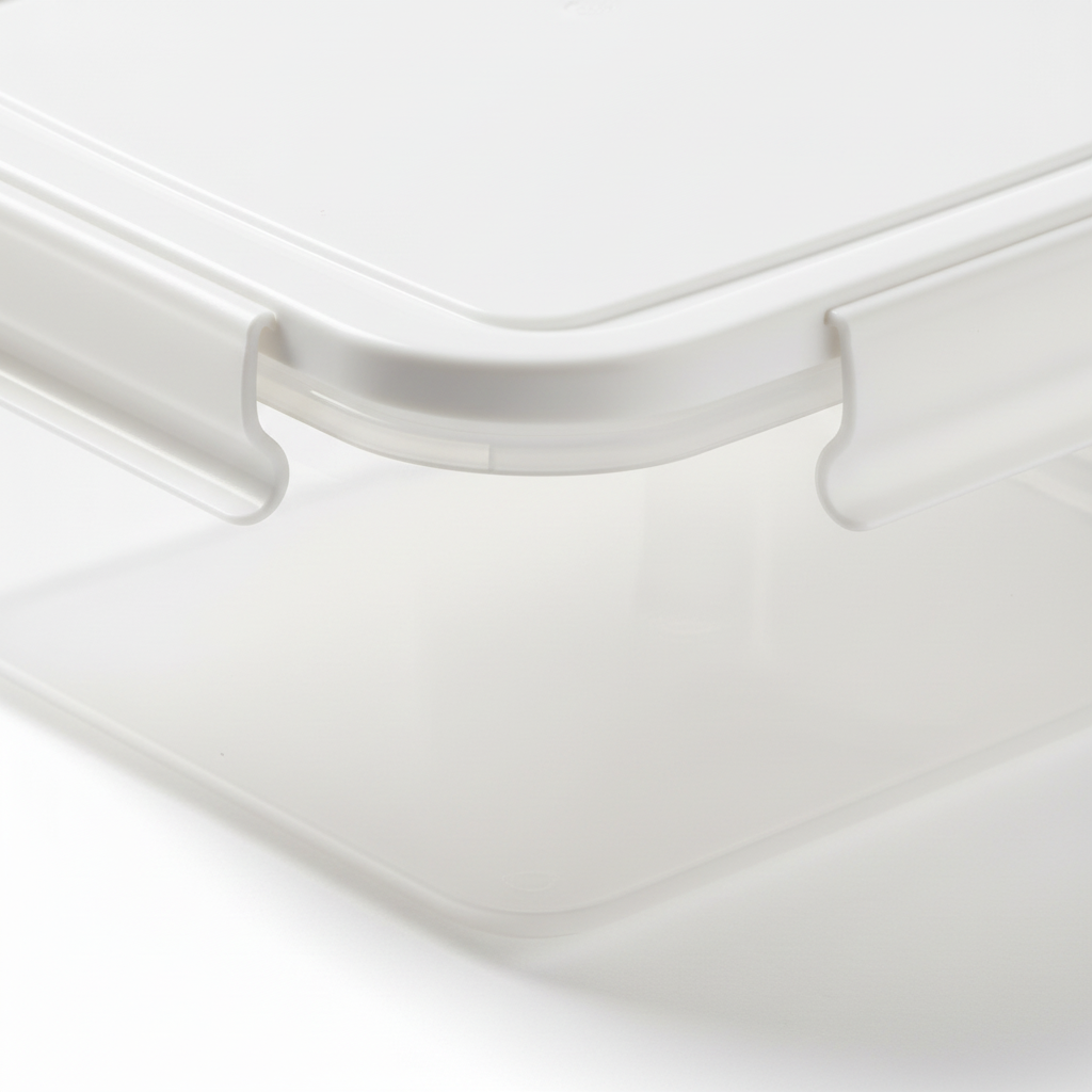 Macro close-up of white snap lid latch tab locking over the container rim on pure white background
