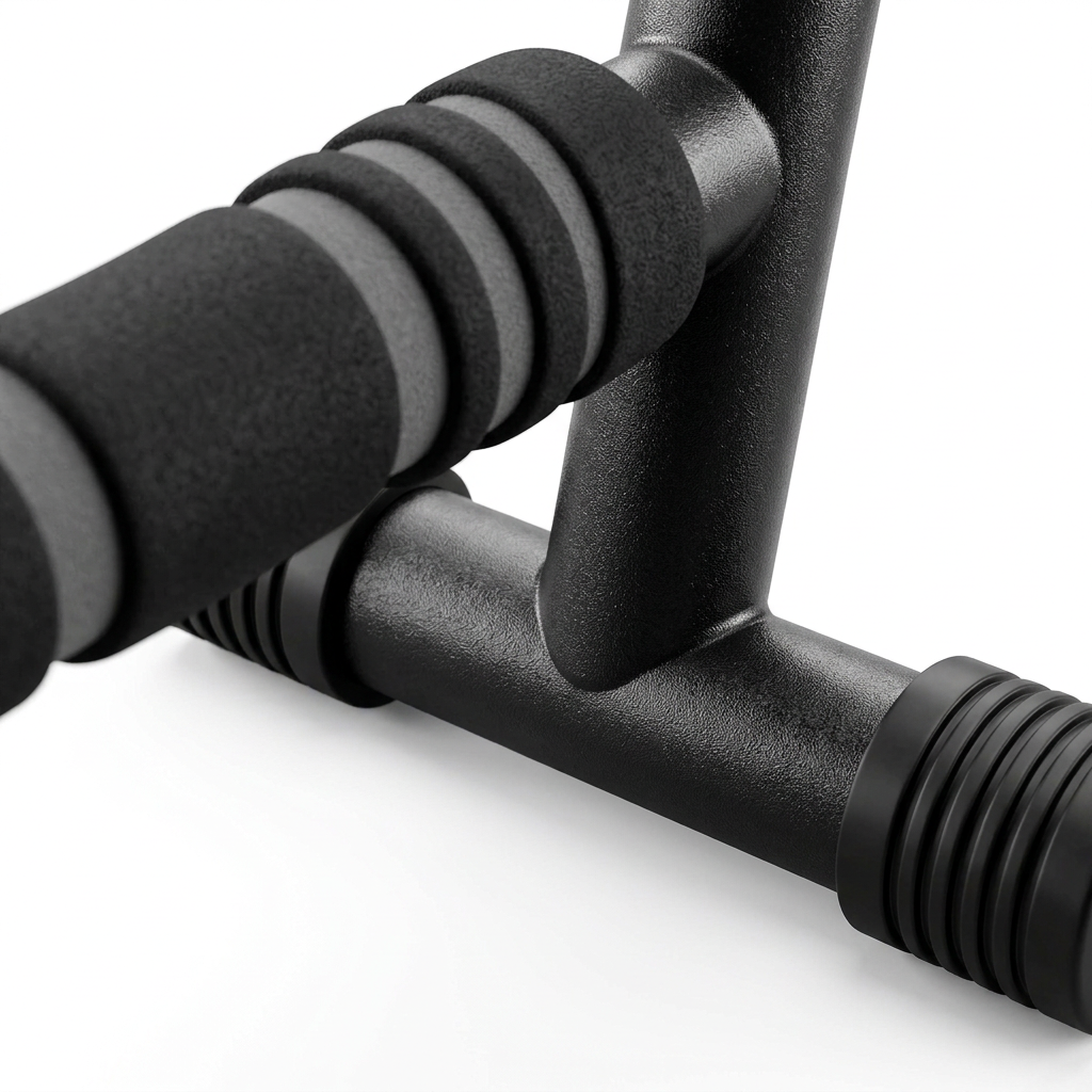 Detail close-up of push-up bar foam handle, steel tube joint, and base foot on white background