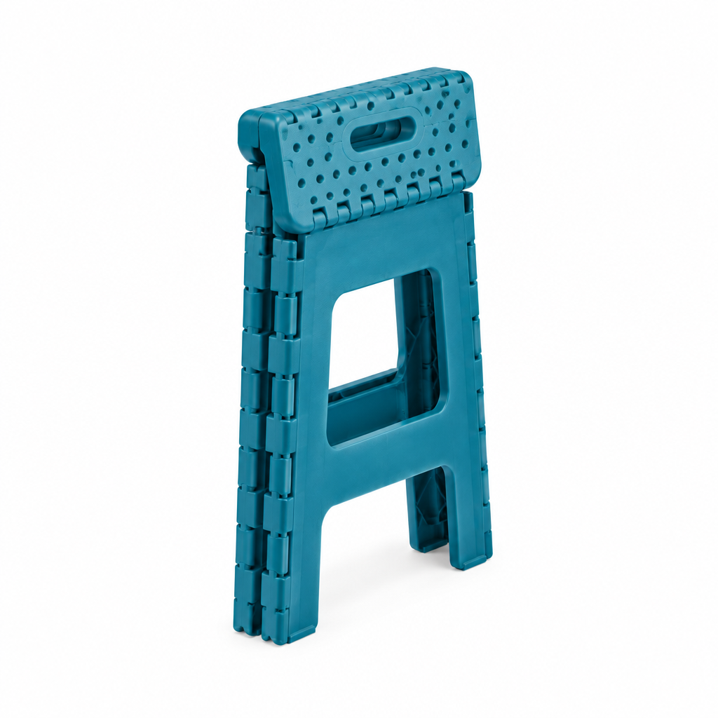Plastic folding stool fully folded flat showing its compact storage profile
