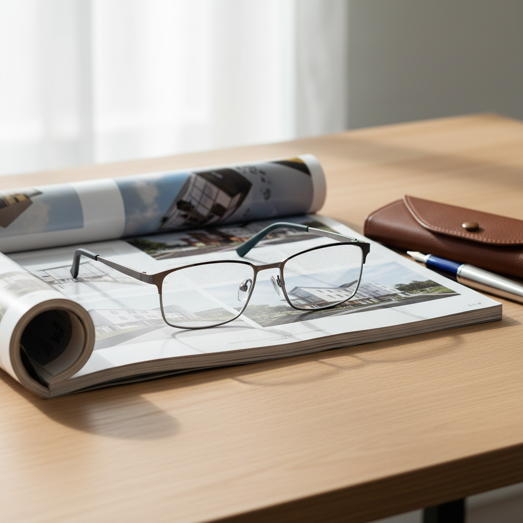 Progressive multifocal reading glasses on open magazine beside leather case on wooden desk