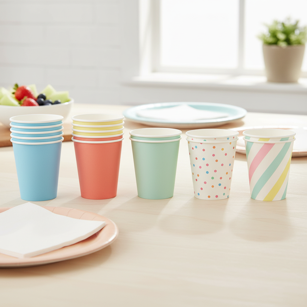 Pastel solid and patterned disposable paper cups arranged in stacks and upright on a bright casual party table.