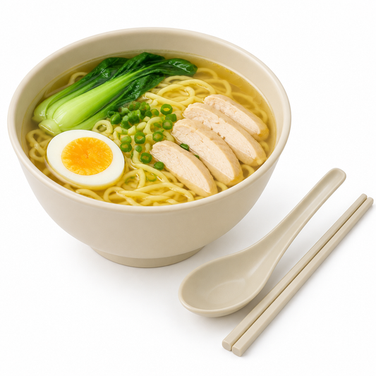 Round lightweight food-grade plastic soup bowl filled with hot noodle soup, bok choy, egg, and chicken with spoon and chopsticks on a seamless pure white background