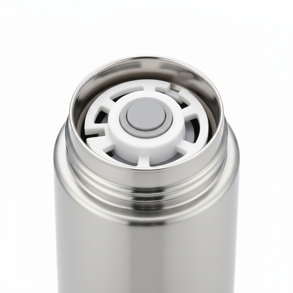 Close-up of push-button pour stopper and stainless steel rim on pure white background