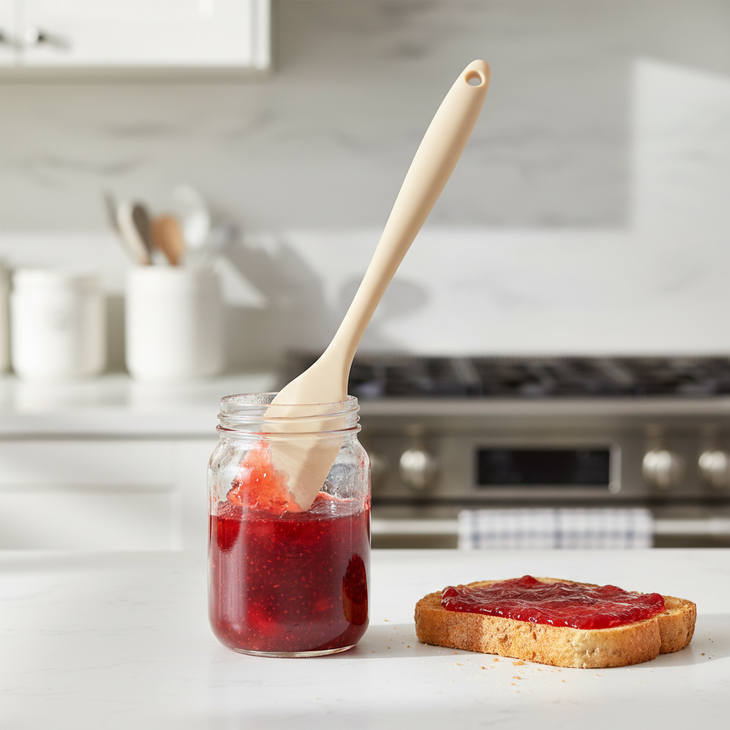Silicone jar spatula scraping strawberry jam inside glass jar on kitchen counter