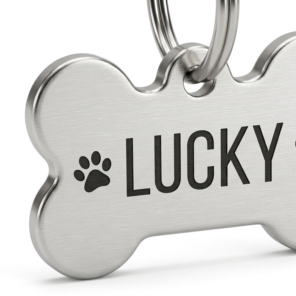Macro close-up detail of brushed stainless steel surface, laser engraved lettering, and split ring connector on pet tag