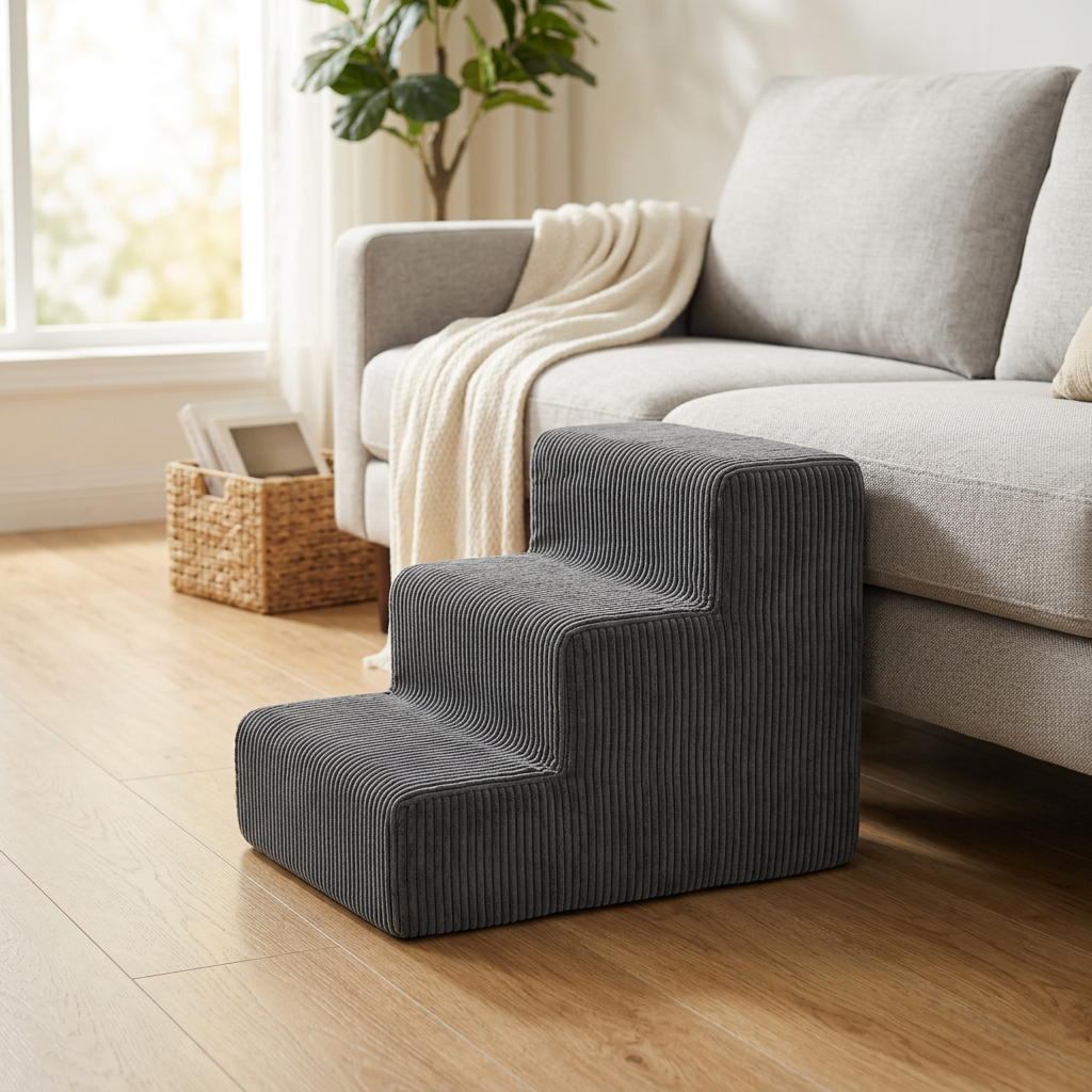 Pet stairs resting flush beside grey living room sofa on hardwood floor in sunlit living room
